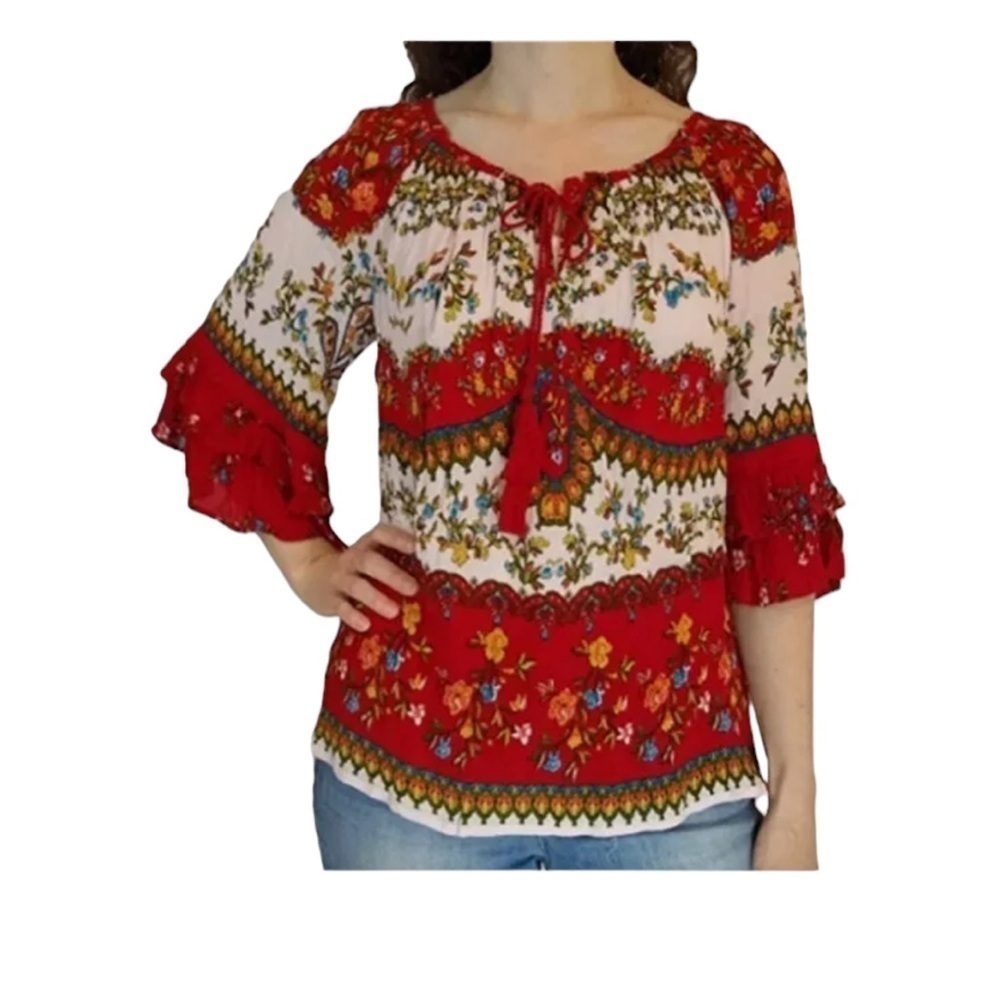 Bila Bohemian Peasant Blouse Bell Sleeves Tiered Floral Print Size XXL Western